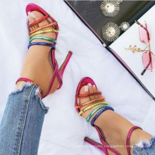 New arrival trendy beautiful ladies sandals buckle shiny sandal cheap women pu pointed heel high heels cross strap sandals